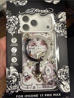 Ed Hardy Clear Tattoo-Style Skull & Cards iPhone 17 Pro Max Case - White